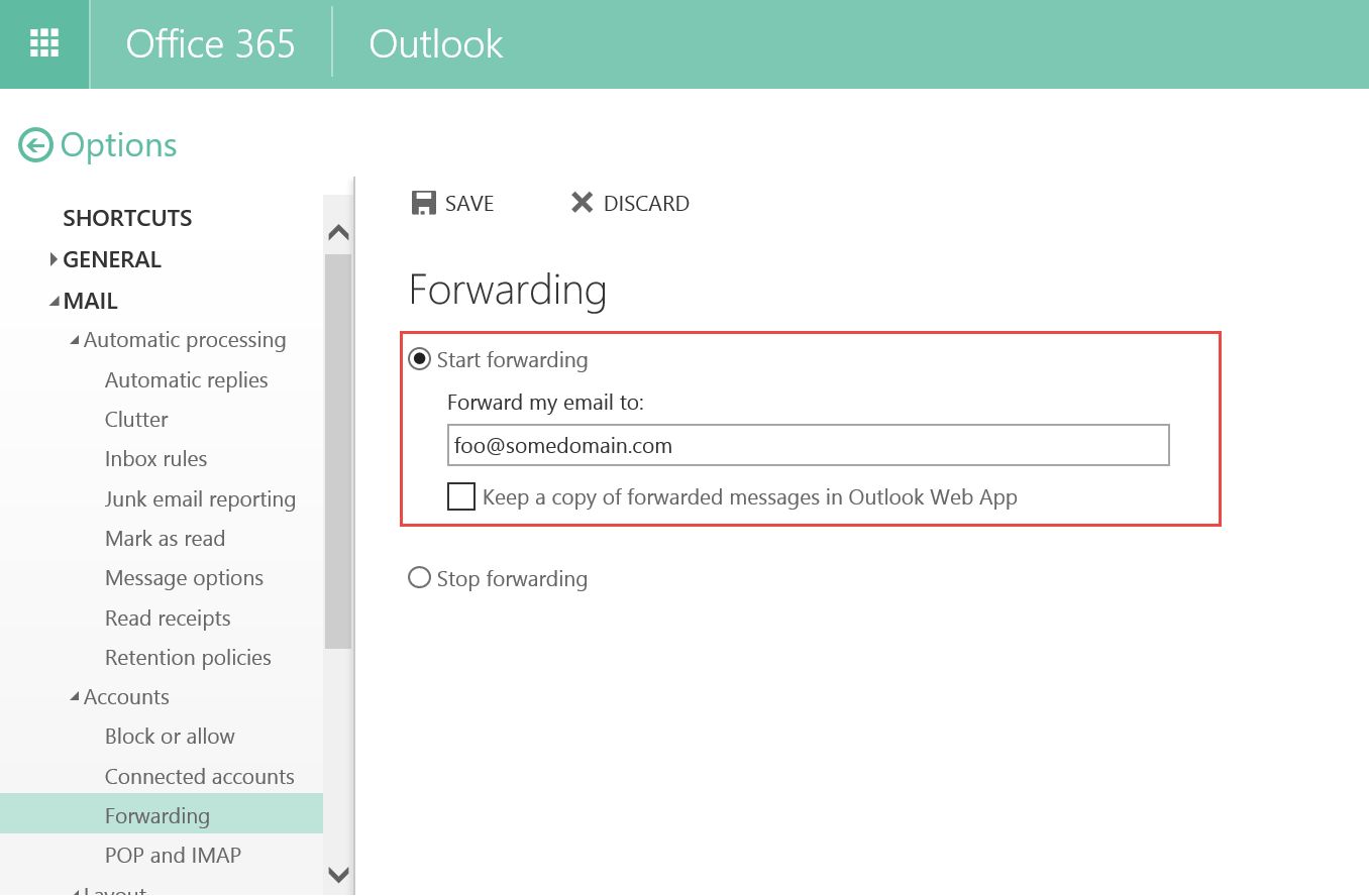 how to forward emails from microsoft outlook to another email address