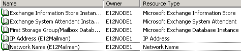 Screenshot: Exchange Server 2007 resources in a CCR cluster