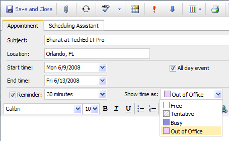 Screenshot: Creating a Calendar appointment for the OOF period