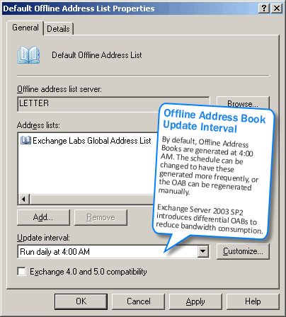 Screenshot: Offline Address Book update interval