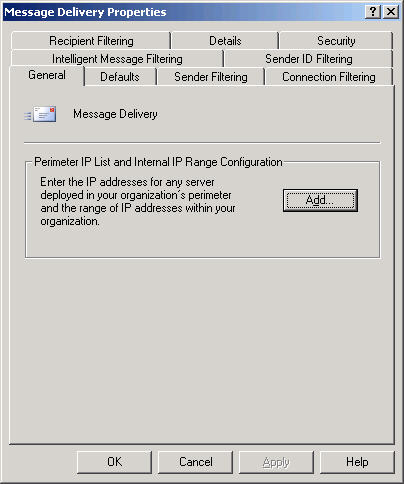 Screenshot: Adding internal SMTP servers to Exchange Server 2003's Perimeter IP List