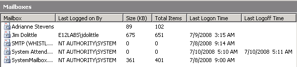 Screenshot: Mailboxes node in Exchange 2003 ESM