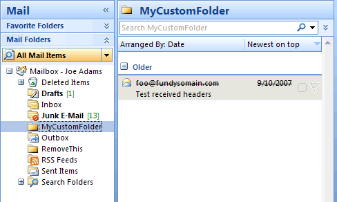 Screenshot: Expired message in custom folder