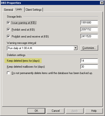 Screenshot: Deleted Item Retention settings on Mailbox Database