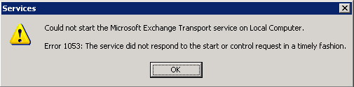 Screenshot: Erro 1053 when manually starting Exchange managed services