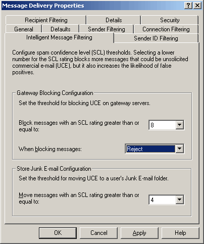 Screenshot: Intelligent Message Filtering tab in Message Delivery | Properties
