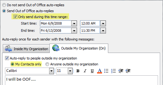 Screenshot: Out Of Office Assistant with options for different OOFs for internal and external senders