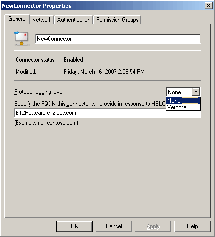 Screenshot: Enabling SMTP protocol logging on a Receive Connector in Exchange 2007