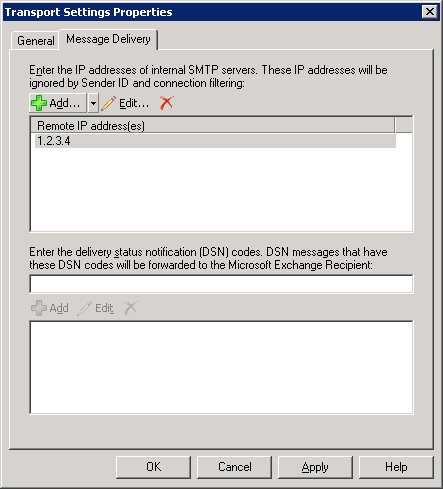 Screenshot: SP1 Beta2 - Setting InternalSMTPServers using the Exchange console