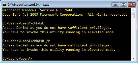 Screenshot: UAC prevents running chkdsk /r on a computer with Windows 7 RTM