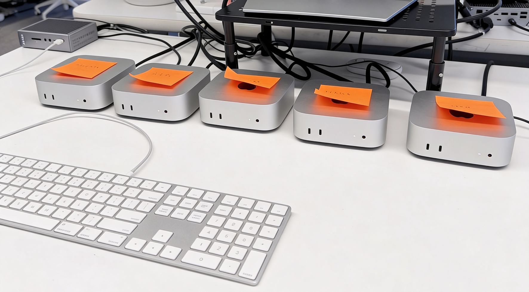 Five Mac Mini M4 units on a desk with orange post-it notes — a real-world silent inference cluster