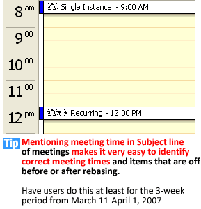 Meeting times in subject field of Calendar items