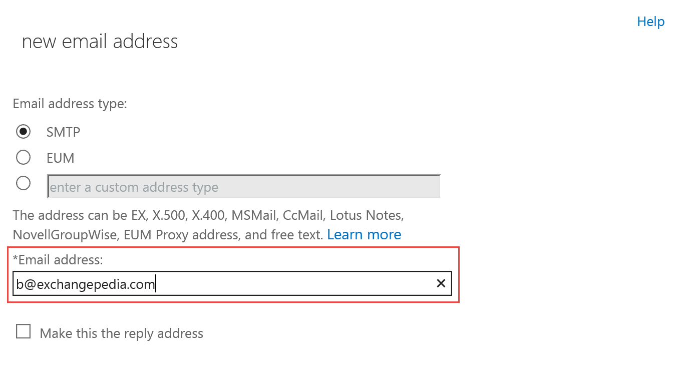 Screenshot: Add a new email address on the New Email Address page in EAC