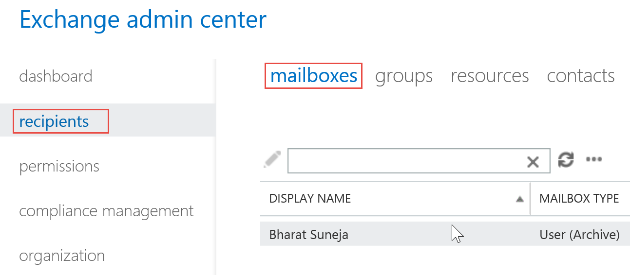 Screenshot: Mailboxes in EAC