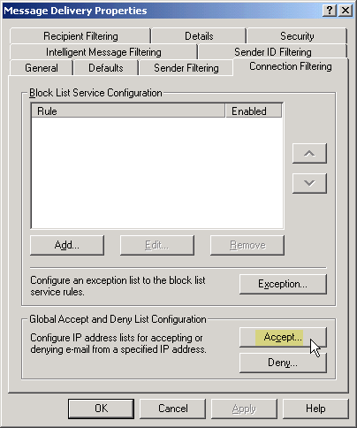 Screenshot: Connection Filtering's Global Accept List