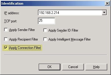 Screenshot: Enabling Connection Filter in SMTP Virtual Server properties