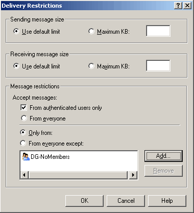 Delivery Restrictions dialog box in Exchange General tab