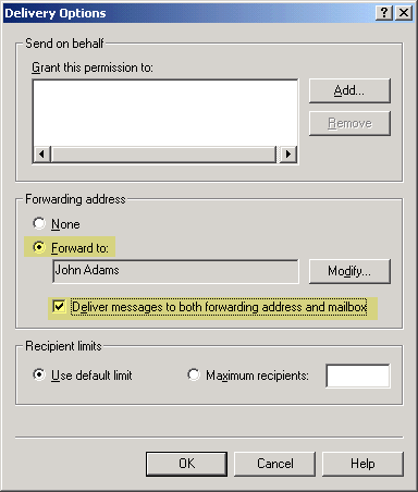 Screenshot: Delivery Options to auto forward email to an alternate recipient in Exchange 2003
