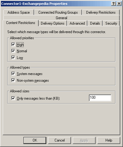 Screensot: Content Restrictions on Exchange Server 2003/2000 SMTP Connectors