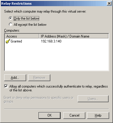 Screenshot: Allowing relaying on Exchange Server 2003 SMTP Virtual Server