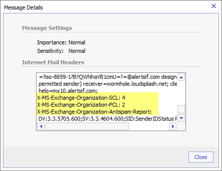 Screenshot: Antispam headers in OWA