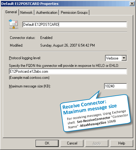 Screenshot: Maximum message size on a Receive Connector