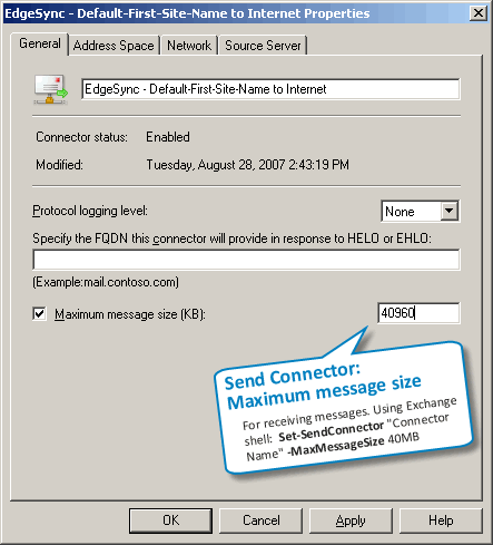 Screenshot: Maximum message size on a Send Connector