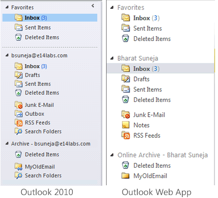 Screenshot: Personal Archive in Outlook 2010 and OWA