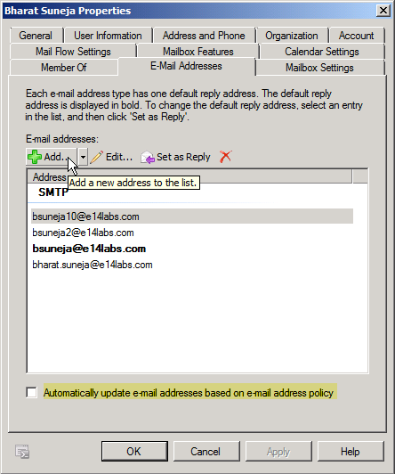 Screenshot: Adding an alias or proxy address to a recipient in Exchange 2010