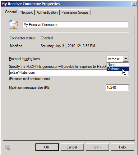 Enable SMTP protocol logging on a Receive Connector in Exchange 2010