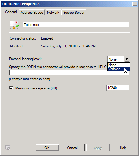 Enable SMTP protocol logging on a Send Connector in Exchange 2010