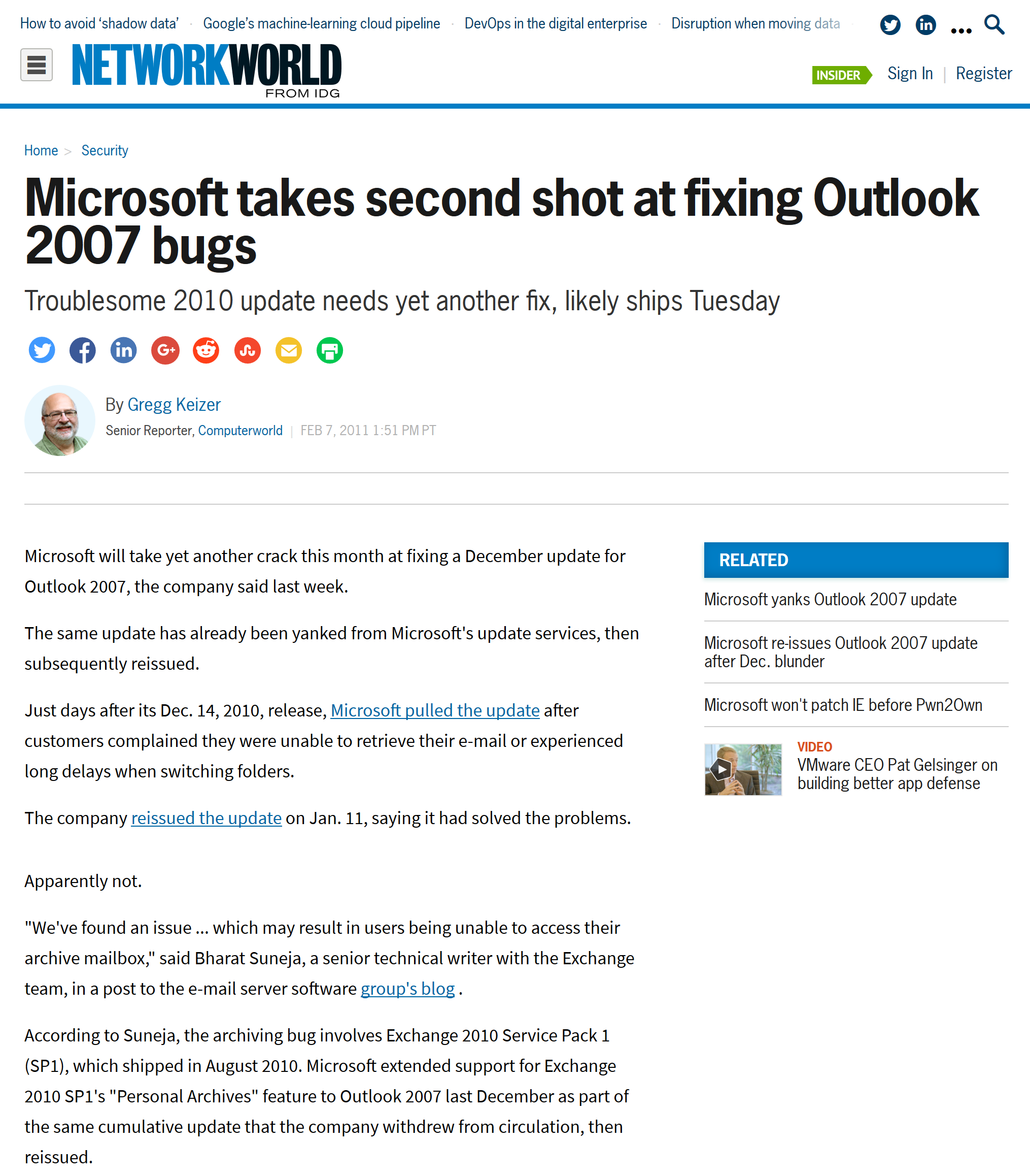 Networkworld: Microsoft takes second shot at fixing Outlook 2007 bugs