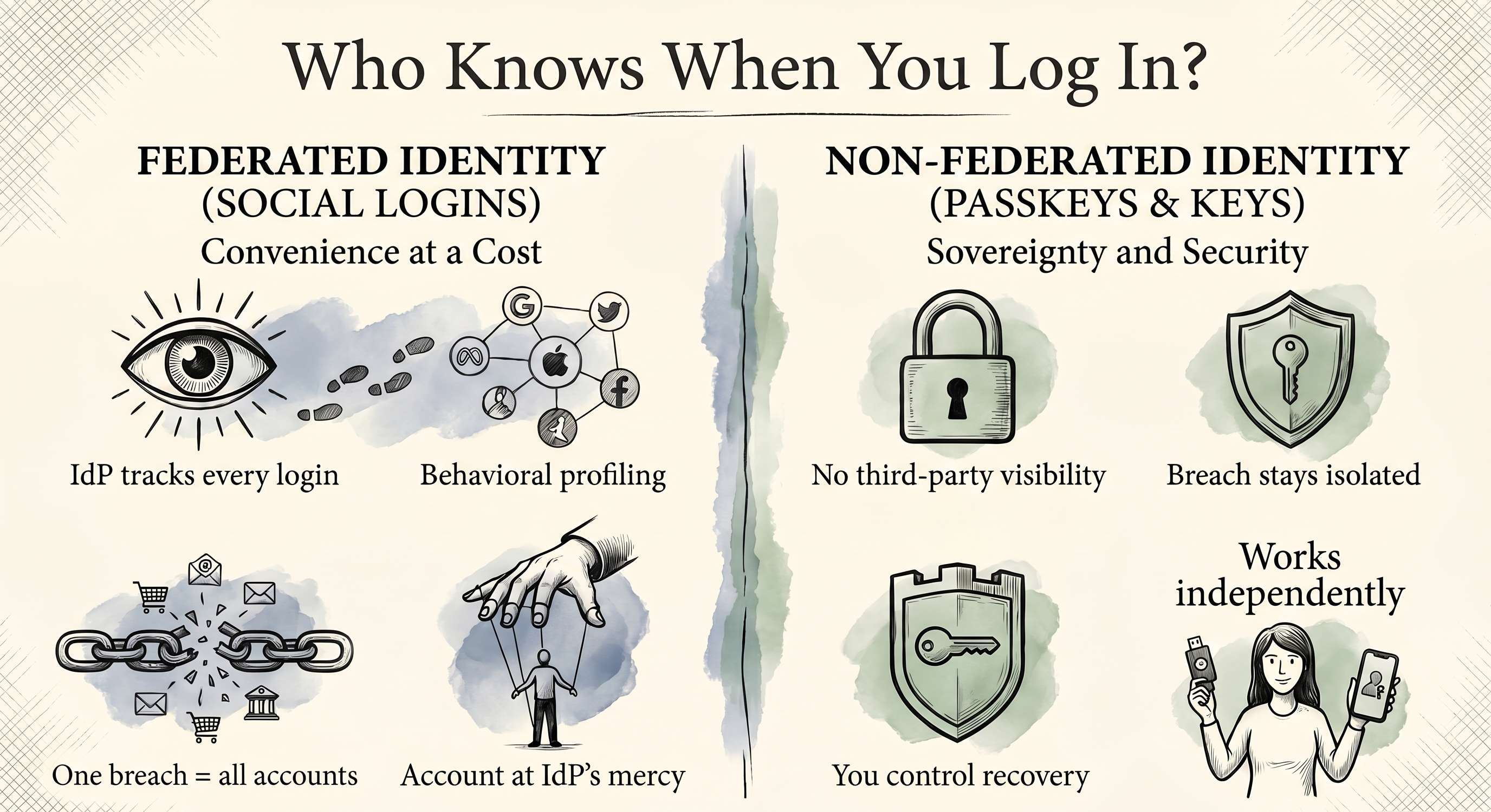 Infographic: Who Knows When You Log In? Federated Identity on the left showing IdP tracking, behavioral profiling, one breach equals all accounts, and account at IdP's mercy. Non-Federated Identity on the right showing no third-party visibility, breach stays isolated, you control recovery, and works independently.