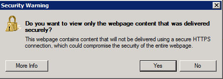 Screenshot: Internet Explorer 8 prompt when accessing insecure content over a secure session