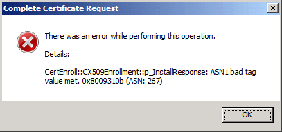 Screenshot: Error installing SSL certificate on IIS 7
