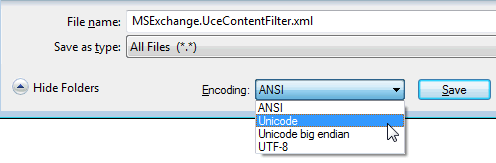 Screenshot: Saving MSExchange.UceContentFilter.xml file in Unicode format