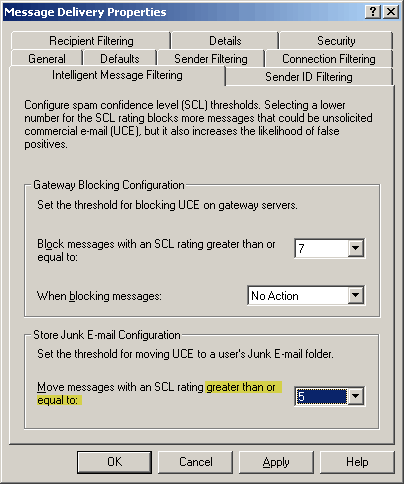 Screenshot: Intelligent Message Filter thresholds in Global Settings | Message Delivery | Properties