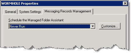 Screenshot: Managed Folder Assistant is set to 'Never Run' by default