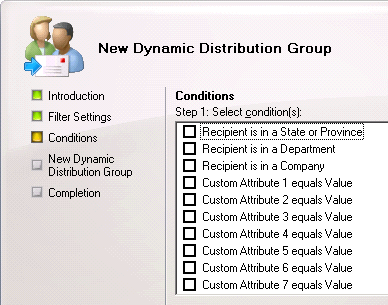 Screenshot: Exchange Management Console filtering options for new Dynamic Distribution Groups