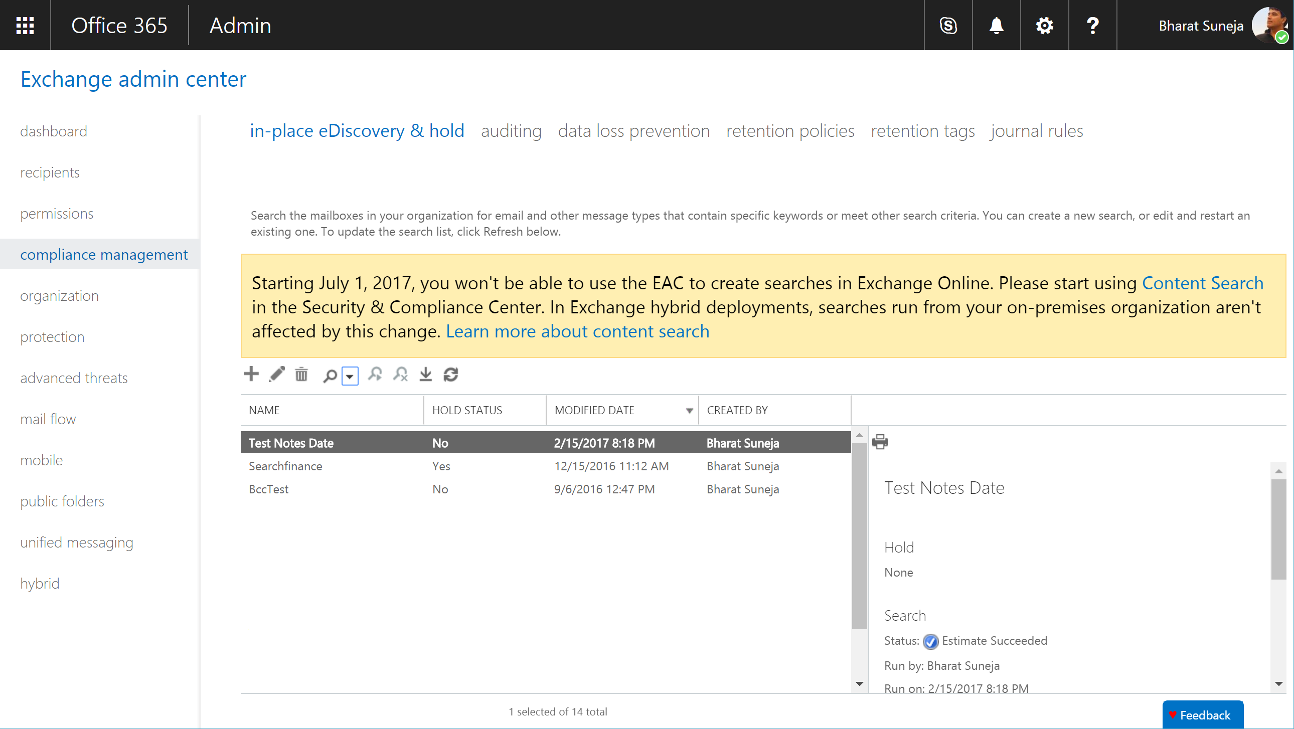 Screenshot: In-Place eDiscovery and In-Place Hold in the Exchange Admin Center (EAC)
