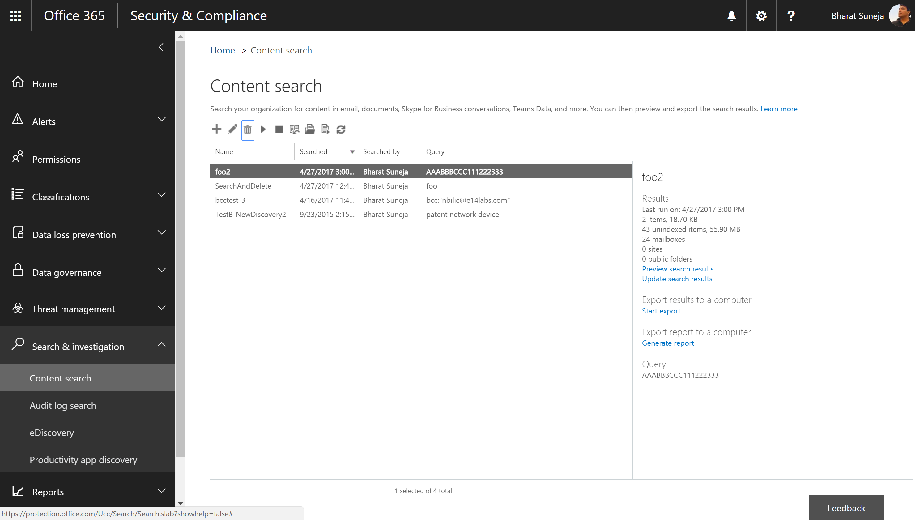 Screenshot: Content Search in Office 365 Security and Compliance Center