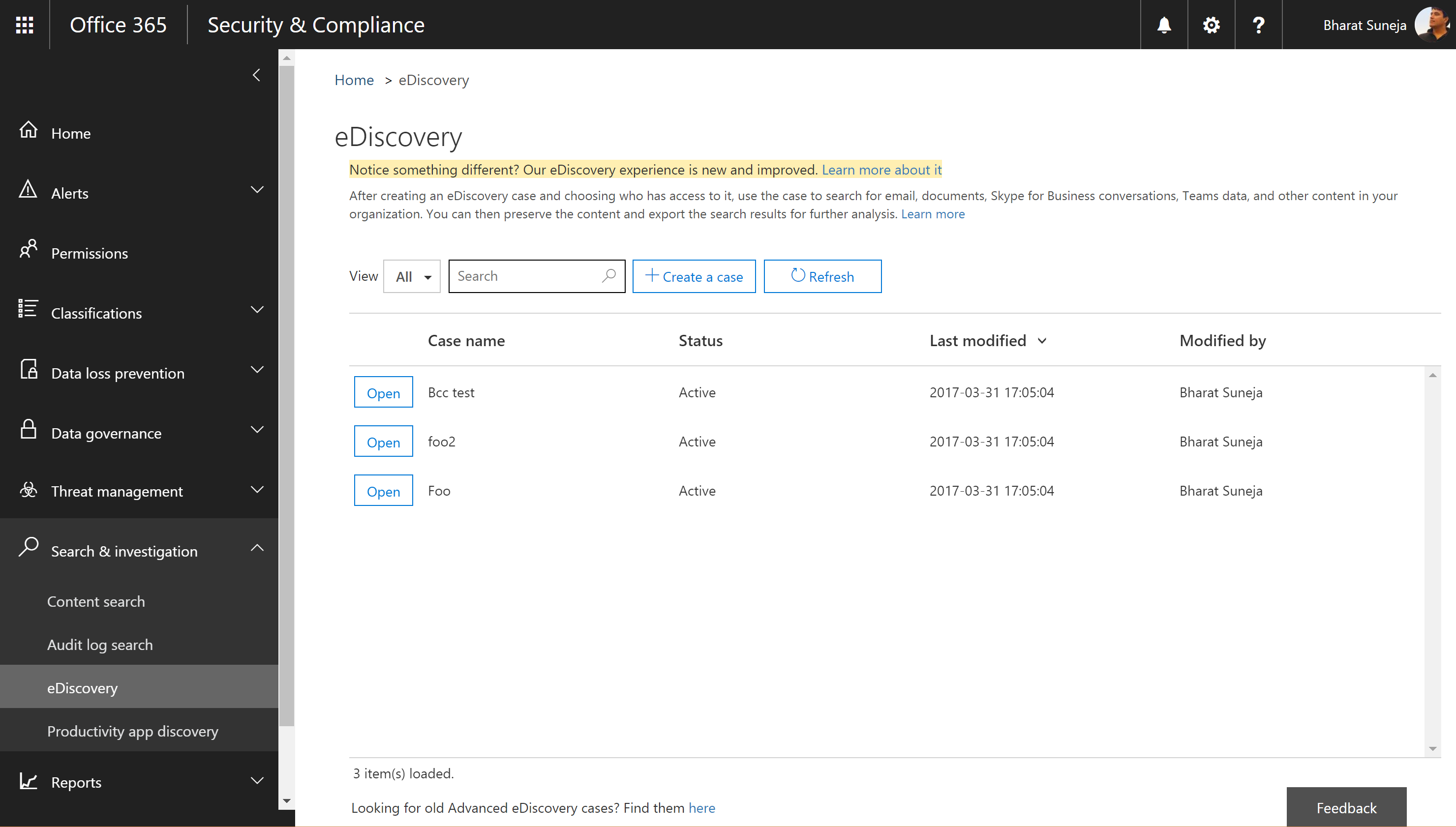 Screenshot: eDiscovery in Office 365 Security and Compliance Center