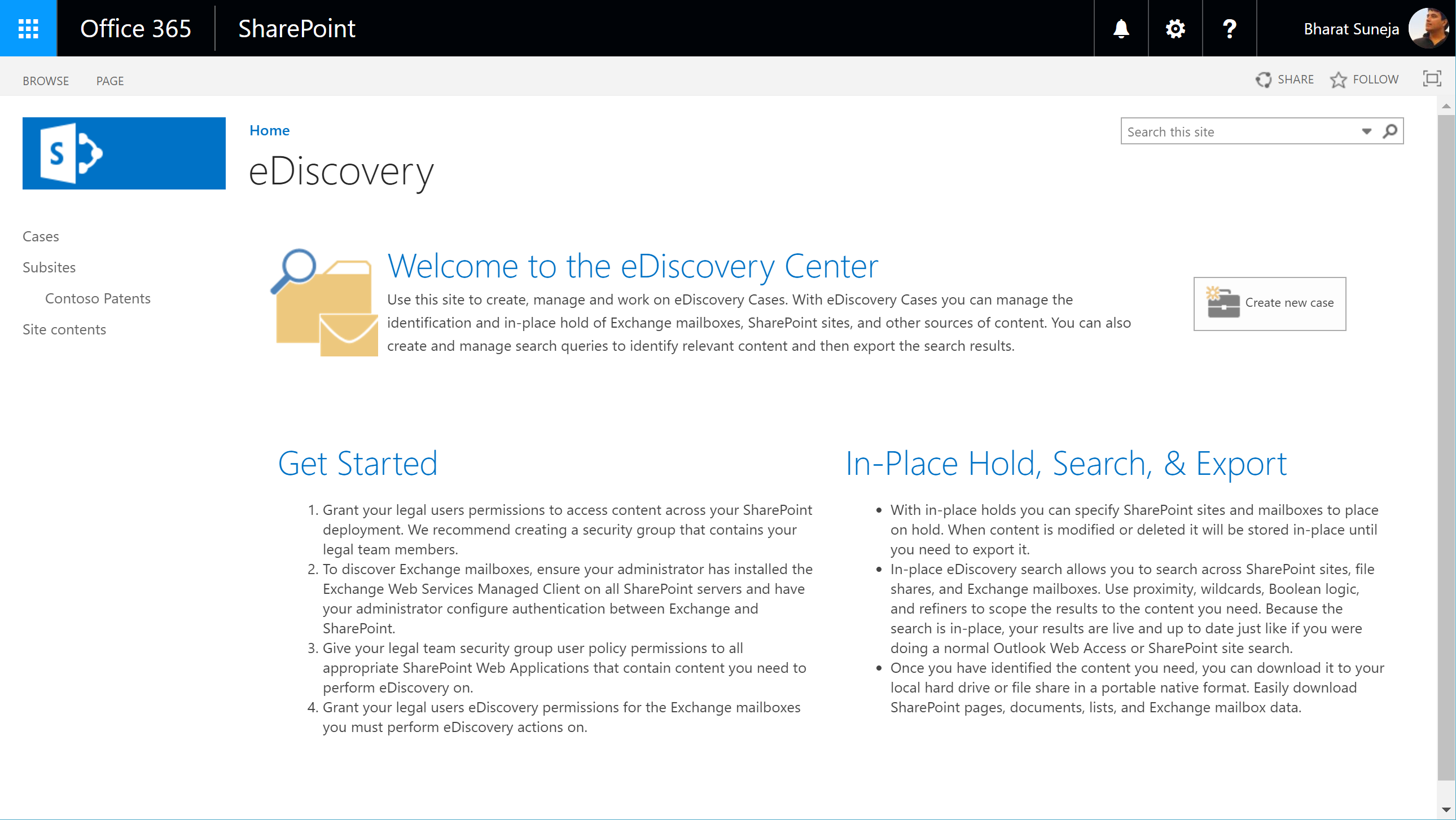 Screenshot: eDiscovery Center in SharePoint Online