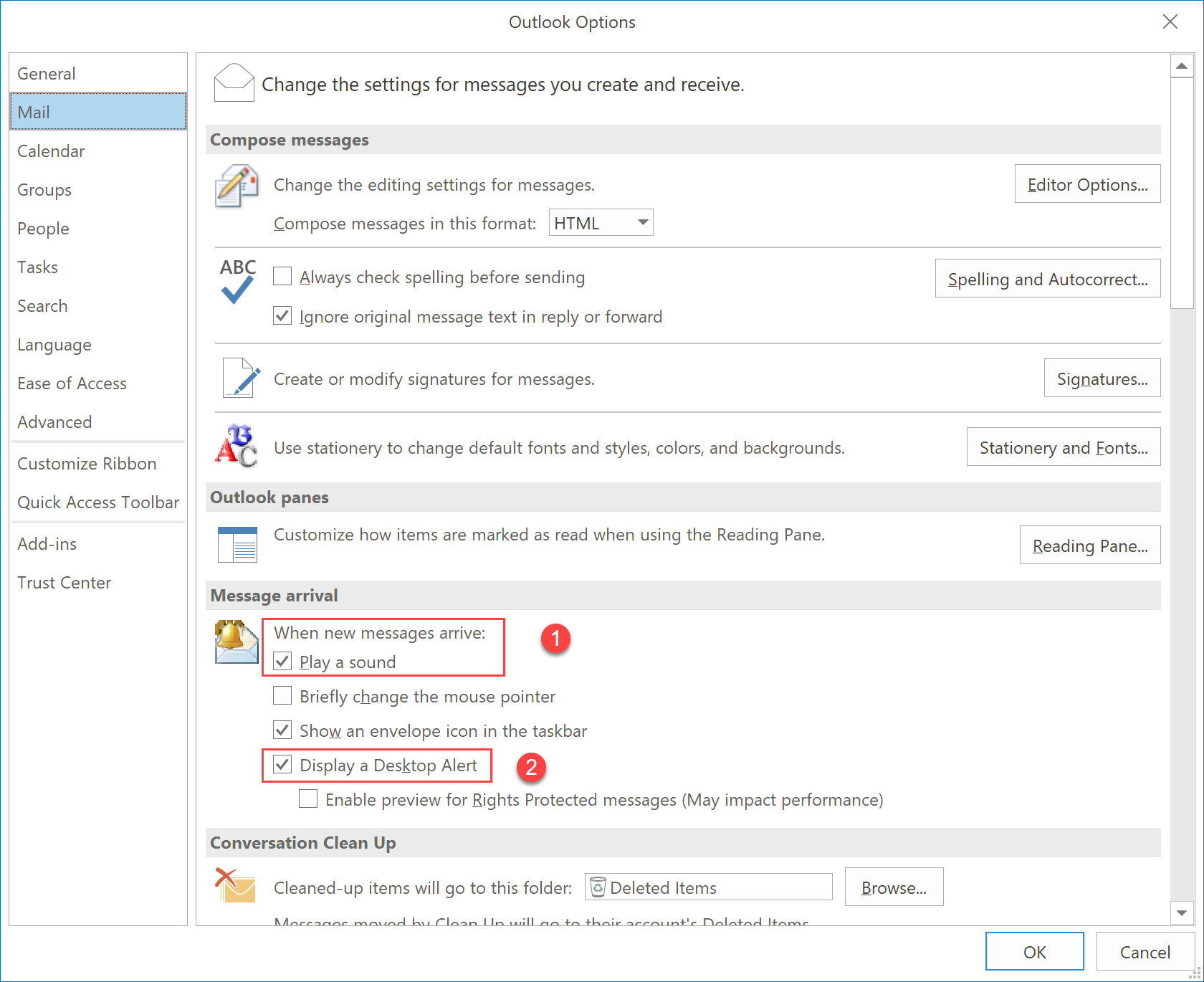 Screenshot: Message Arrival settings in Outlook