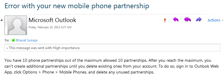 Screenshot: Email alert sent by Exchange Online when you try to add more than 10 ActiveSync devices to a mailbox