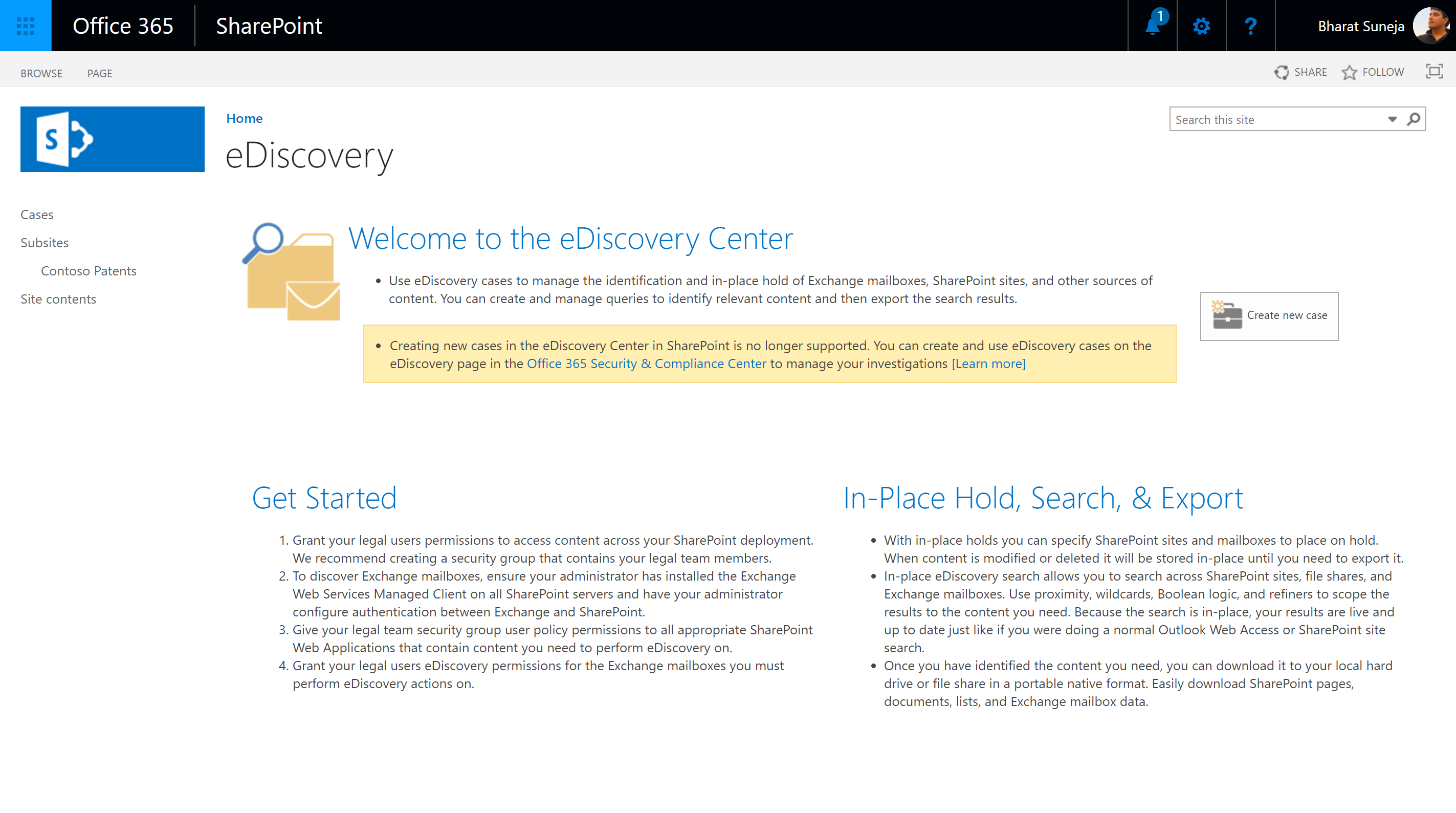 Screenshot: eDiscovery Center in SharePoint Online