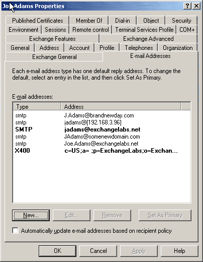 Recipient Properties - Email Addresses tab