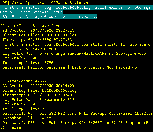 Screenshot: Output of Get-SGBackupStatus.ps1 script