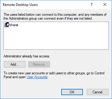 Screenshot: Select users to allow RDP access