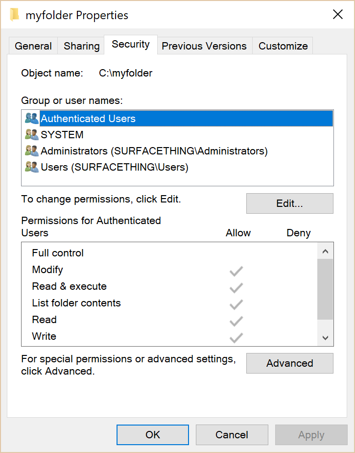 Security tab of folder properties in Windows